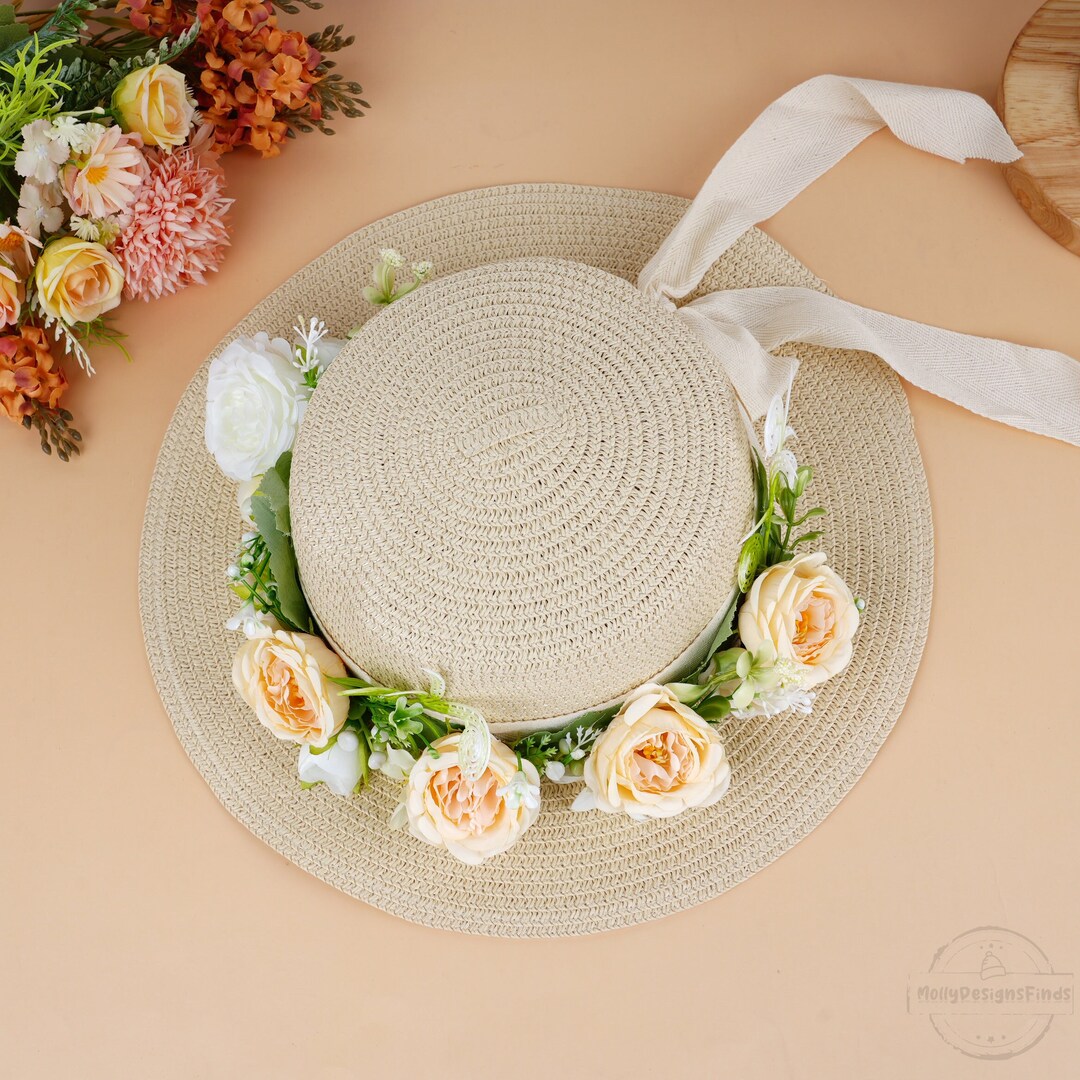 Handmade Flower Straw Hat With Bow,wide Brim Hat,floral Tea Party