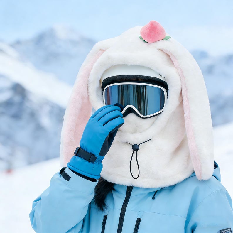 Cute Bunny Pullover Hat,Full Face Ski Mask,Cartoon Animal Plush Hat,Face Covering Hat,Winter Warm Hat,Funny Peach Rabbit Balaclava Hat,Gift image 12