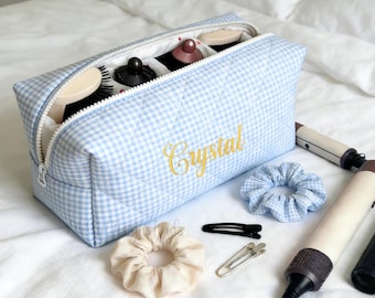 Blue Checkered Hair Tool Travel Bag with Product Compartments,Quilted Hair Tool Organizer,Hair Tool Protective Case,Hair Tool Storage Bag