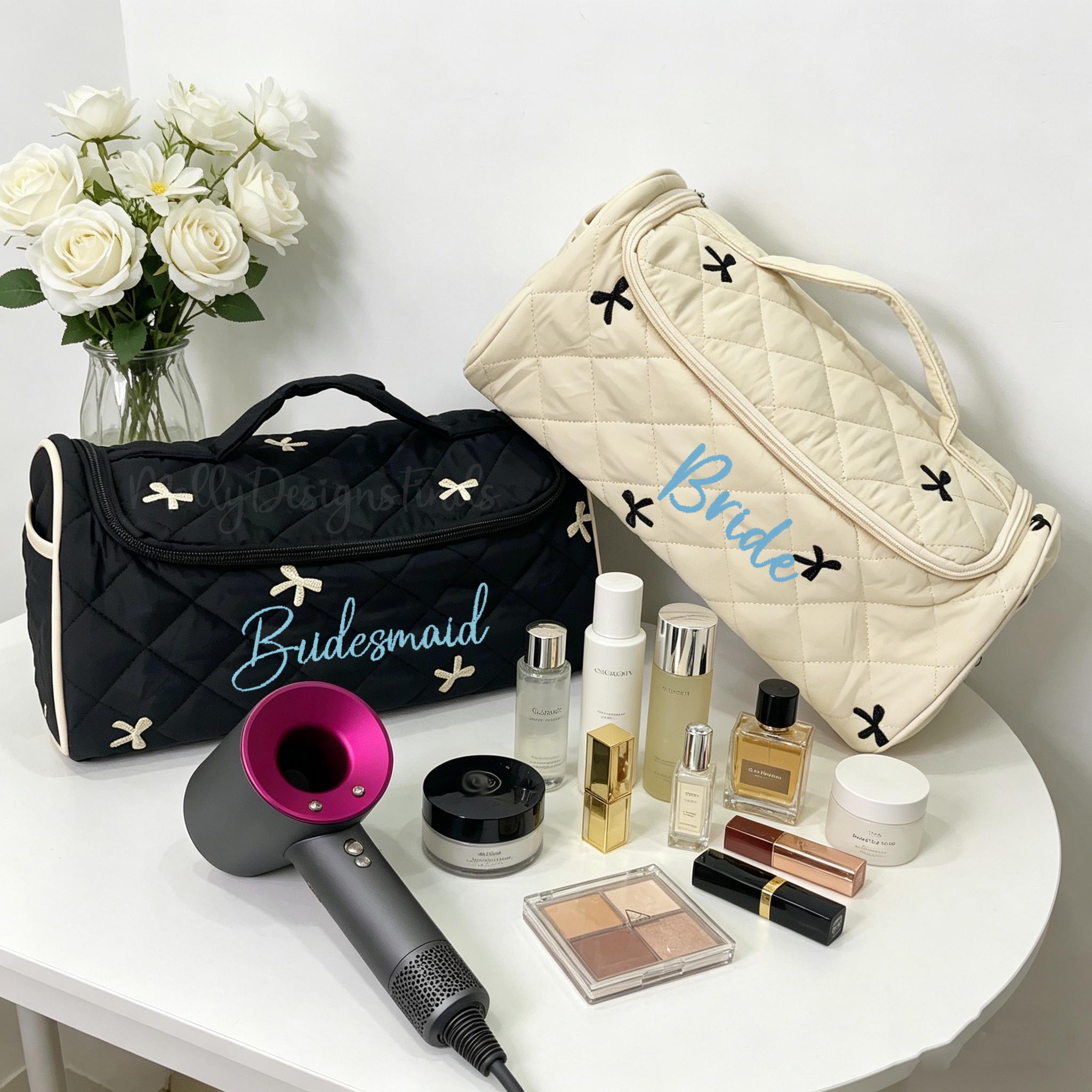 Embroidered Bride Bridesmaid Hair Tool Organizer Bag,Hair Tool Organizer Bag with Compartments,Embroidered Name Cosmetic Travel Case,Gift