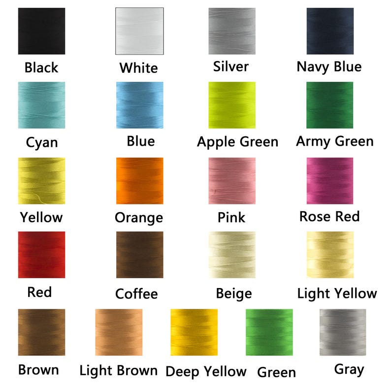 May include: A color chart featuring spools of thread in various colors, including black, white, silver, navy blue, cyan, blue, apple green, army green, yellow, orange, pink, rose red, red, coffee, beige, light yellow, brown, light brown, deep yellow, green, and gray.