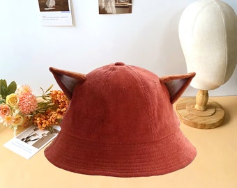 Corduroy Bucket Hat,Handmade Wool Felt Fox Ears Hat,Cute Fisherman Hat,Cute Fox Ear Sun Hat,Trendy Hat,Outdoor Activity Hat,Causal Basin Hat