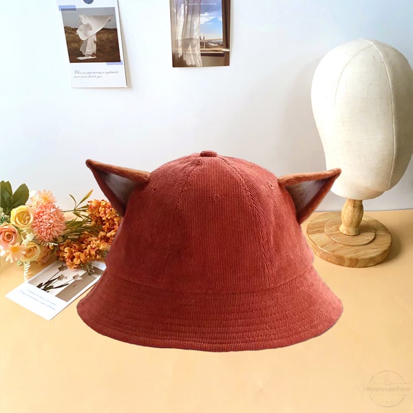 Corduroy Bucket Hat,Handmade Wool Felt Fox Ears Hat,Cute Fisherman Hat,Cute Fox Ear Sun Hat,Trendy Hat,Outdoor Activity Hat,Causal Basin Hat