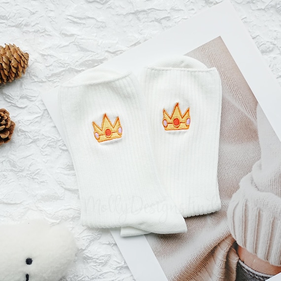 Crown Embroidered Socks,Princess Peach Crown Embroidered Cotton Socks,Sports Socks,Yoga Pilates Socks,Women Casual Socks,Spring Floor Socks