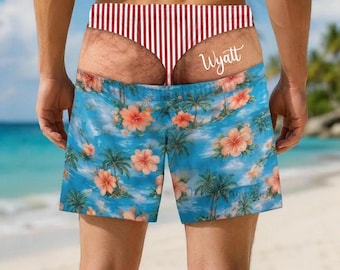 Custom Embroidered Name Men's Beach Shorts,Fake Underwear Swim Trunks,Funny Men's Beach Shorts,Novelty Summer Gag Gift,Pool Party Outfit