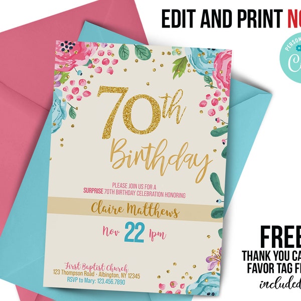 ANY age, 70th birthday invitation, 70 years old, 70th colorful floral Invitation, milestone, adult birthday, flowers, turquoise, gold, pink