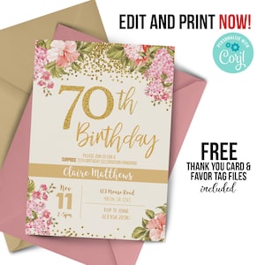 Invitation pour 70e anniversaire | Fête de célébration d'un jalon | 70 ans | Floral aquarelle doré | Invitation à une fête d'anniversaire pour 70 ans