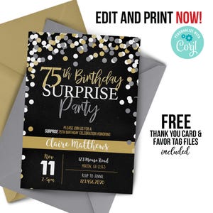 Convite para 75º aniversário | Festa de comemoração de marco | Convite surpresa | 75 anos | Confete preto e dourado com glitter | 75º aniversário
