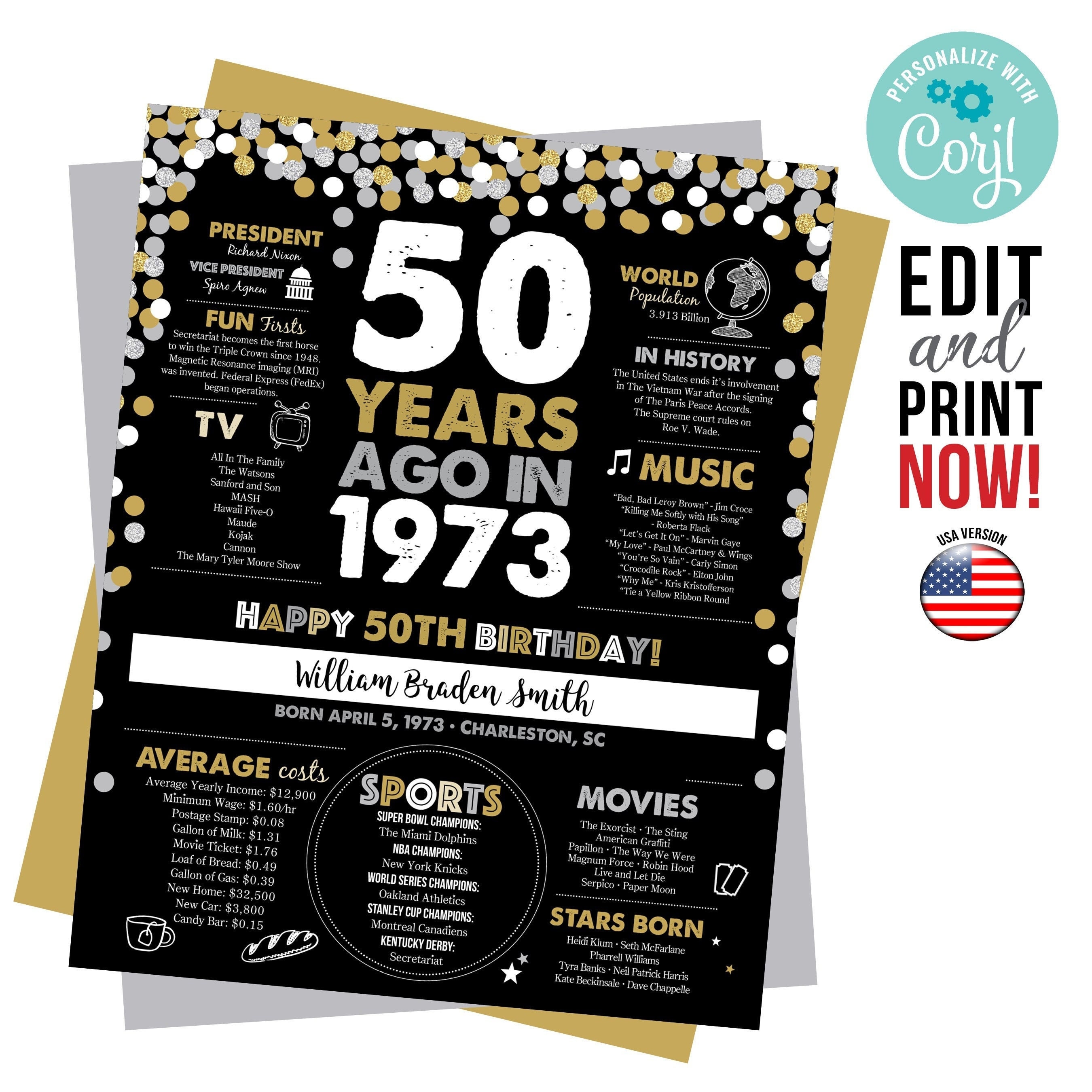 50th Birthday Poster 1973 50 Years Ago Poster 50 Years Ago - Etsy
