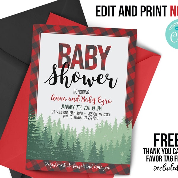 Buffalo Plaid Baby Shower Invitation, baby sprinkle, Baby Shower Invitation, woodland, woods, mountains, outdoors, watercolor, buffalo,plaid