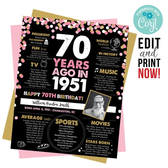 70 years ago milestone sign 70 years ago in 1951 1951 Etsy