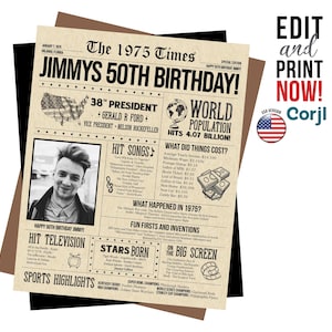 50歳の誕生日ポスター | 彼または彼女へのユニークなギフト | 1975年の装飾と50年間の思い出を祝う記念品 | ヴィンテージ新聞