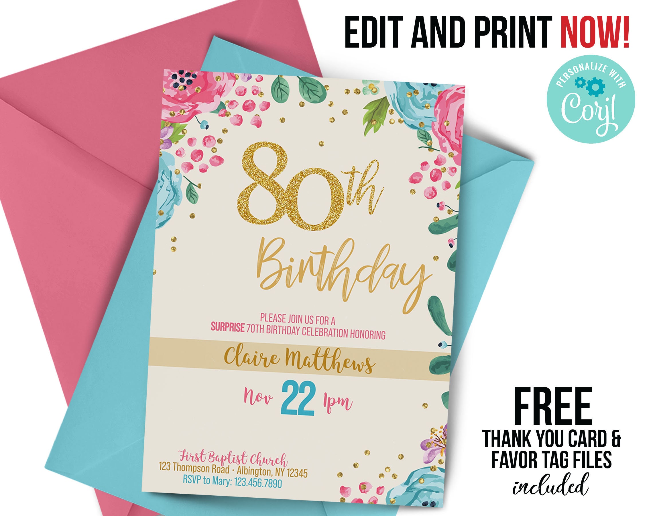 ANY age 80th birthday invitation 80 years old 80th colorful | Etsy