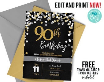 ANY age, 90th birthday invitation, 90 years old, 90th Chalkboard Confetti Invitation, milestone, gold glitter, adult birthday,black and gold