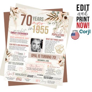 Póster de 70 cumpleaños / Regalo único para él o ella / Decoraciones y recuerdos de 1955 para celebrar 70 años de recuerdos / Letrero de acuarela boho