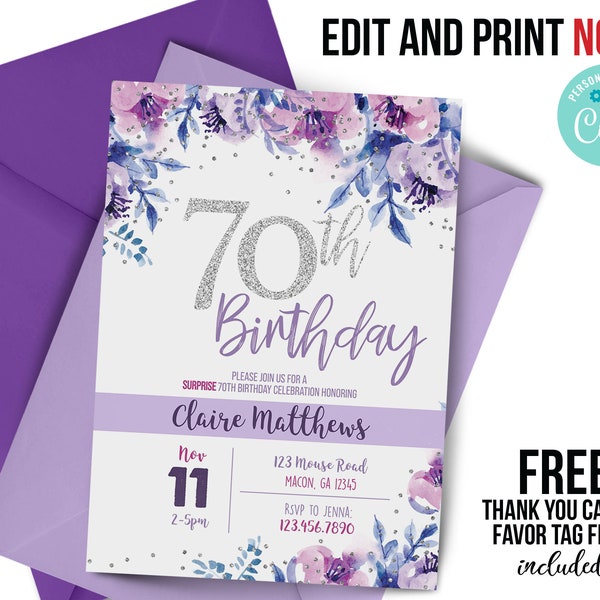 ANY age, 70th birthday invitation, 70 years old, 70th purple floral Invitation, milestone, adult birthday, flowers, purple and silver