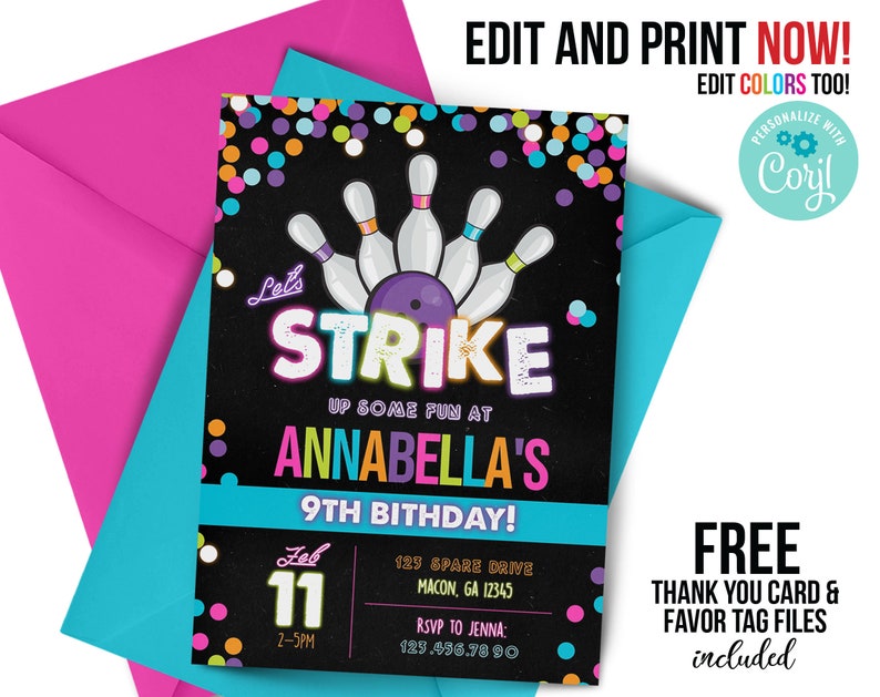 ANY Age bowling birthday invitation neon neon lights glow party bowling alley bowl strike bowling party