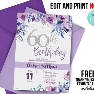 ANY age, 60th birthday invitation, 1961, 60 years old, 60th purple floral Invitation, milestone, adult birthday, flowers, purple and silver