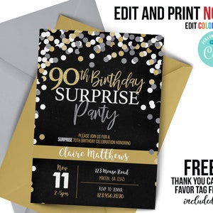 ANY age, 90th birthday SURPRISE party invitation,90th Chalkboard Confetti Invitation, milestone, gold glitter, adult birthday,black and gold