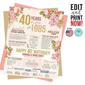 Cartaz de 40º aniversário | Presente exclusivo para ele ou ela | Decorações e lembranças de 1985 para celebrar 40 anos de memórias | Placa de aquarela floral