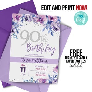 Convite para 90º aniversário | Festa de comemoração de marco | 90 anos | Floral aquarela roxo | Convite para festa de 90º aniversário