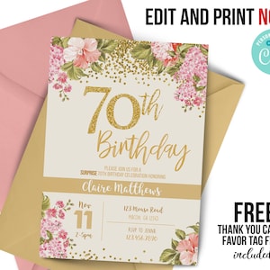 ANY age, 70th birthday invitation, 70 years old, 70th gold floral Invitation, milestone, glitter, adult birthday, flowers, gold and pink