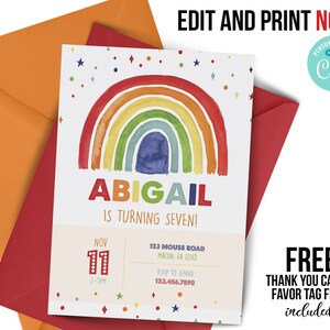 TOUT âge, invitation d&#39;anniversaire arc-en-ciel, aquarelle arc-en-ciel, invitation premier anniversaire, première fête d&#39;anniversaire, tout âge, fête arc-en-ciel