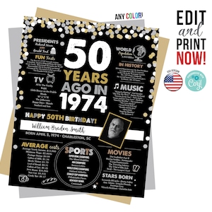 50th birthday photo sign 1974, 50th birthday gift for him or her, 50th birthday decorations, 50 years ago back in 1974,Newspaper poster