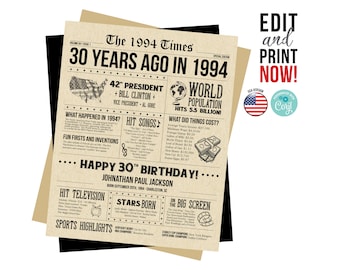 30th birthday newspaper sign 1994, 30th birthday gift for him or her, 30th birthday decorations, 30 years ago back in 1994, poster