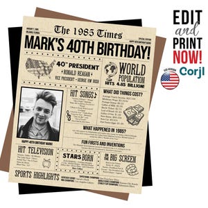 Cartaz de 40º aniversário | Presente exclusivo para ele ou ela | Decoração e lembrança de 1985 para celebrar 40 anos de memórias | Jornal vintage