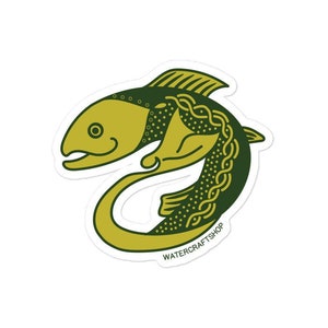 May include: A green and yellow stylized illustration of a fish with a Celtic knot design. The fish is curled into a circle with its tail in its mouth. The text "WATERCRAFTSHOP" is printed below the fish.