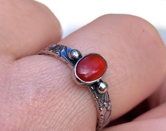 Hammered Sterling Silver Carnelian Ring: Rustic Gemstone Jewelry