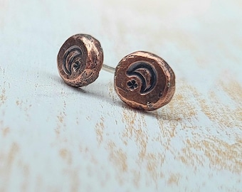 Handmade Copper Moon Star Earrings, Celestial Studs, Sterling Silver Posts