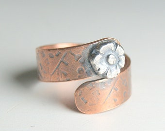 Adjustable Copper Ring, Pure Copper Wrap Ring, Sterling Silver Flower, Boho Rustic Jewellery