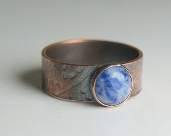 Sodalite Copper Ring, Blue Stone Ring, Pure Copper Jewellery, Rustic Oxidised Ring