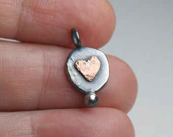 Heart Pendant,Delicate Oxidised Necklace, Sterling Silver Organic Necklace, Tiny Heart Pendant, Silver and Copper Rustic Pendant