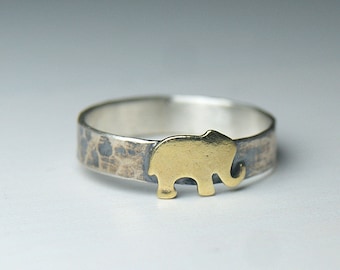 Mixed Metals Elephant Ring, Sterling Silver and Brass Ring, Good Luck Jewellery