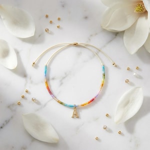 Rainbow bracelet with letter – personalized beaded bracelet, colorful gift idea, initial jewelry for women & children