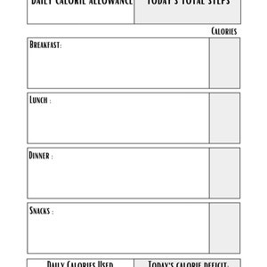 May include: A black and white printable food diary tracker with sections for daily calorie allowance, today's total steps, breakfast, lunch, dinner, snacks, daily calories used, and today's calorie deficit. The tracker also includes a section for water intake with eight water drops labeled 250ml each. There are checkboxes for "On Plan" and "Off Plan".