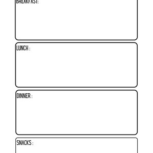 May include: A black and white printable food diary with sections for breakfast, lunch, dinner, and snacks. It also includes a section for tracking daily steps and a water intake tracker with eight water drops.