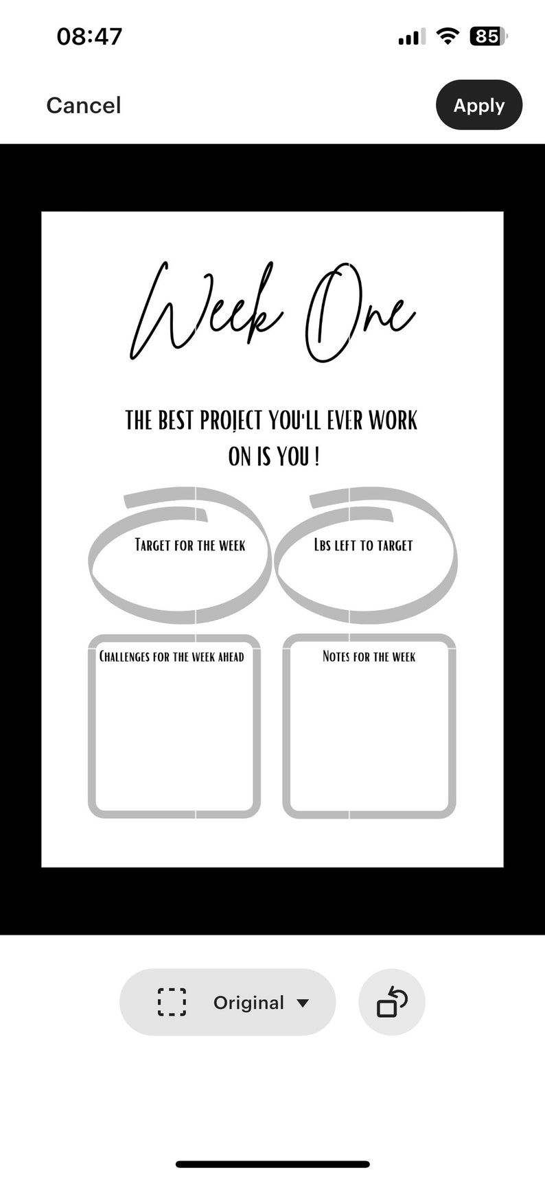May include: A black and white image of a weekly planner with the text "Week One" and the title "The best project you'll ever work on is you!" The planner has sections for "Target for the week", "Lbs left to target", "Challenges for the week ahead", and "Notes for the week".