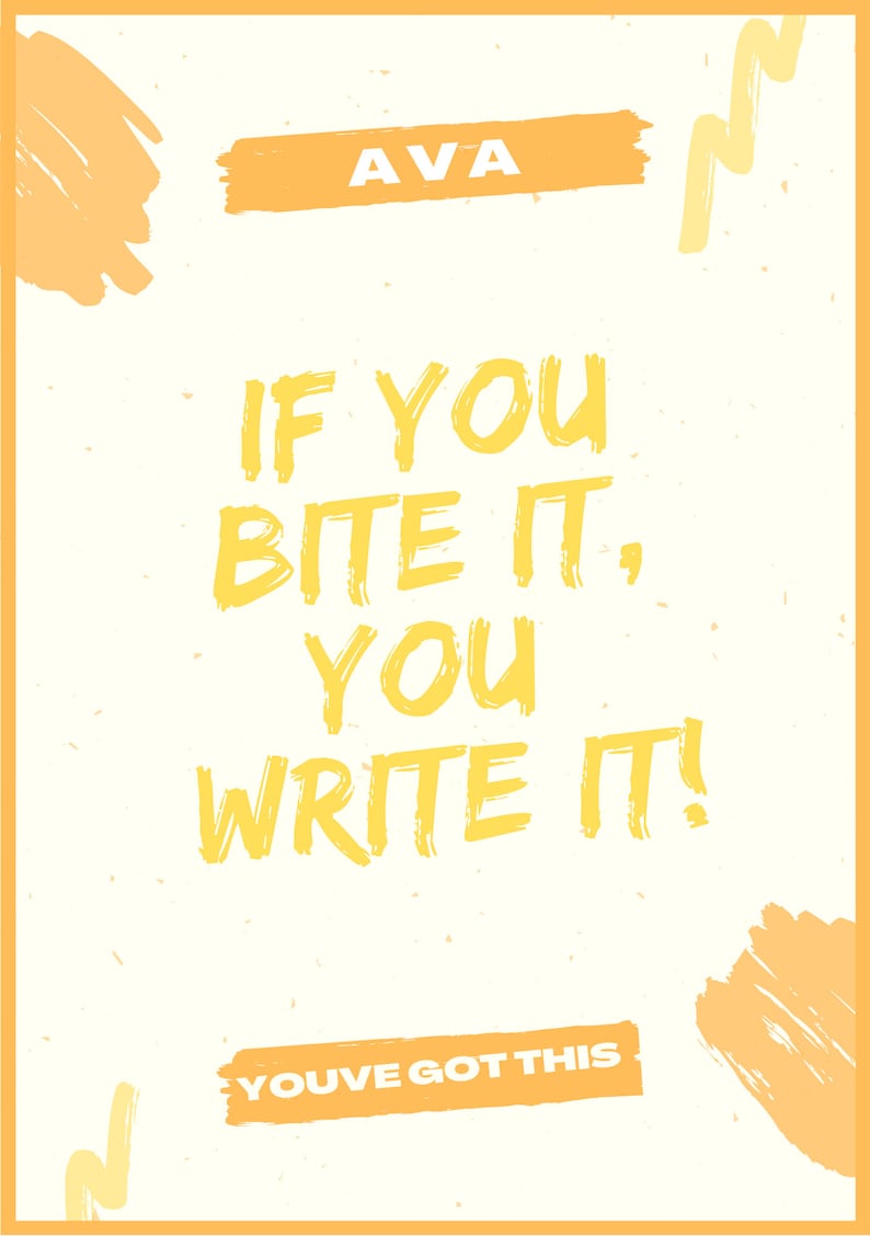 Puede incluir: Un cartel motivacional amarillo y blanco con el texto "AVA" y "IF YOU BITE IT, YOU WRITE IT!" y "YOU'VE GOT THIS".