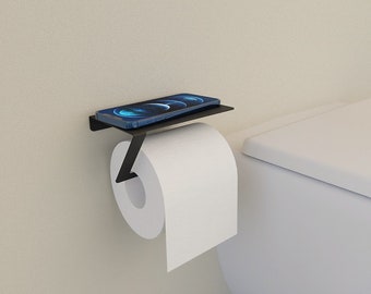 Porta carta igienica senza foratura, porta rotolo con ripiano, in lega di alluminio, supporto per carta igienica, montaggio a parete, per cucina e bagno (bianco