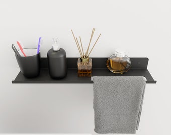 Metal Floating Shelf with Towel Bar, Wall Mounted Bathroom Organizer, Toothbrush Holder, Towel Rack