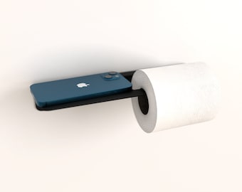 Metal Toilet Paper Holder with Shelf, Modern Minimalist Bathroom Storage (Black/White)