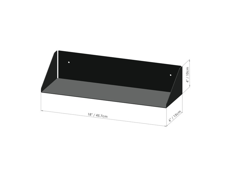 May include: Black metal shelf with angled sides. The shelf measures 18 inches wide by 6 inches deep by 4 inches high.