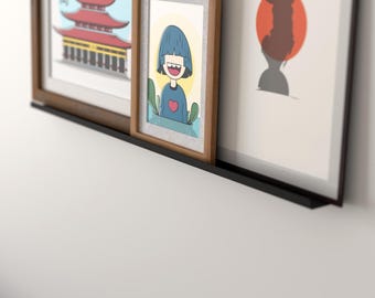 minimalist metal picture ledge shelf, modern wall mounted frame shelf for art, photos, books
