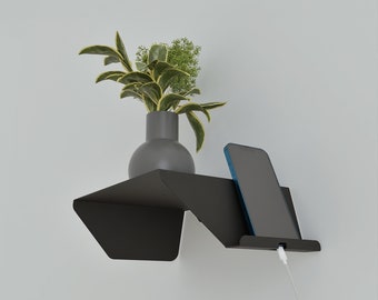 Floating Metal Nightstand with Phone Stand, Narrow Bedside Shelf