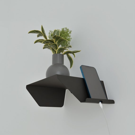 Floating Metal Nightstand with Phone Stand, Narrow Bedside Shelf