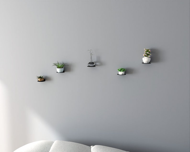 May include: Five small potted plants on black wall shelves. The shelves are mounted on a gray wall. The plants are in white pots and include succulents and greenery.